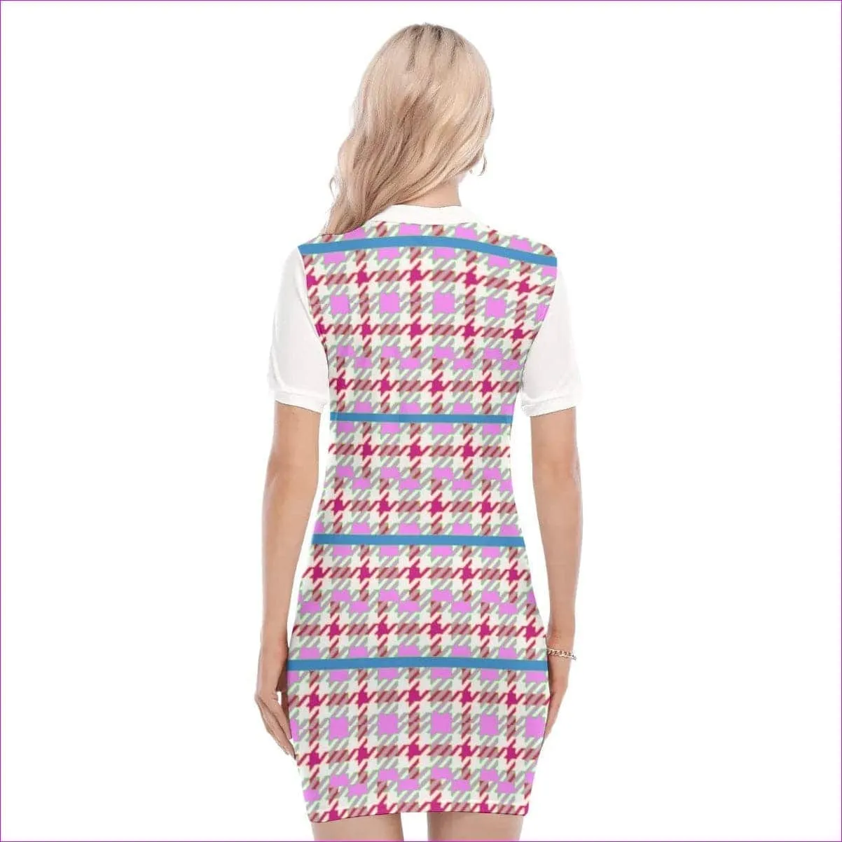 Pink Houndstooth Womens Polo Collar Dress