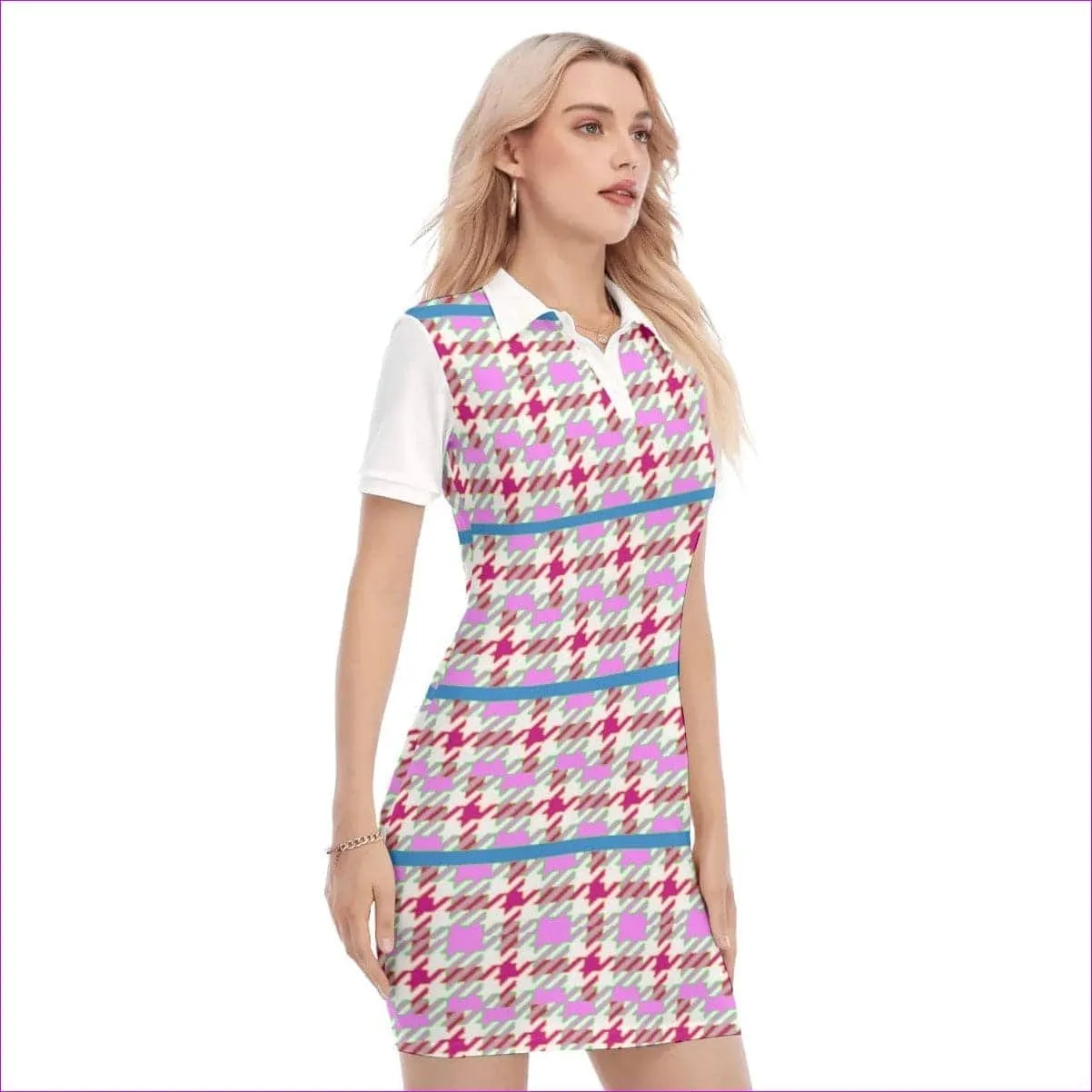 Pink Houndstooth Womens Polo Collar Dress