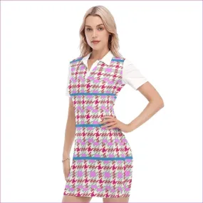 Pink Houndstooth Womens Polo Collar Dress