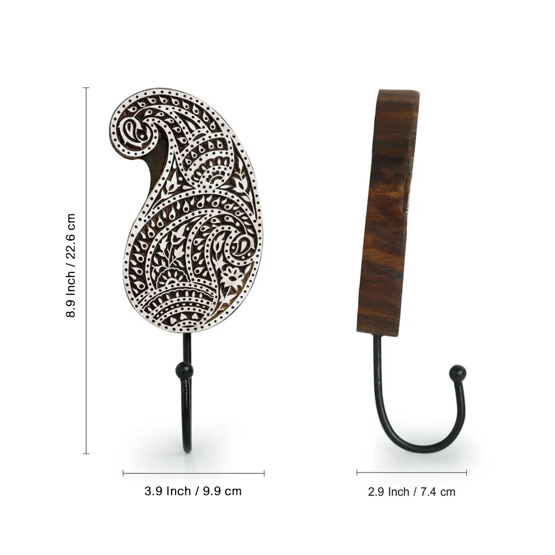 'Pleasant Paisley' Hand Carved Sheesham Wood Block Wall Hook & Towel Hanger