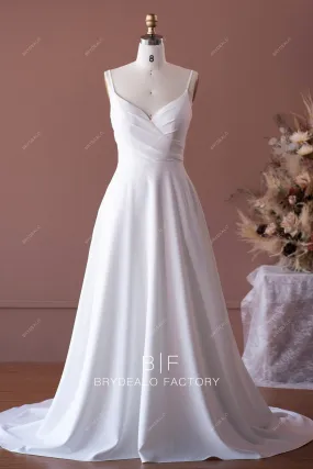 Pleated Crepe Simple Thin Straps A-line Long Train Wedding Dress