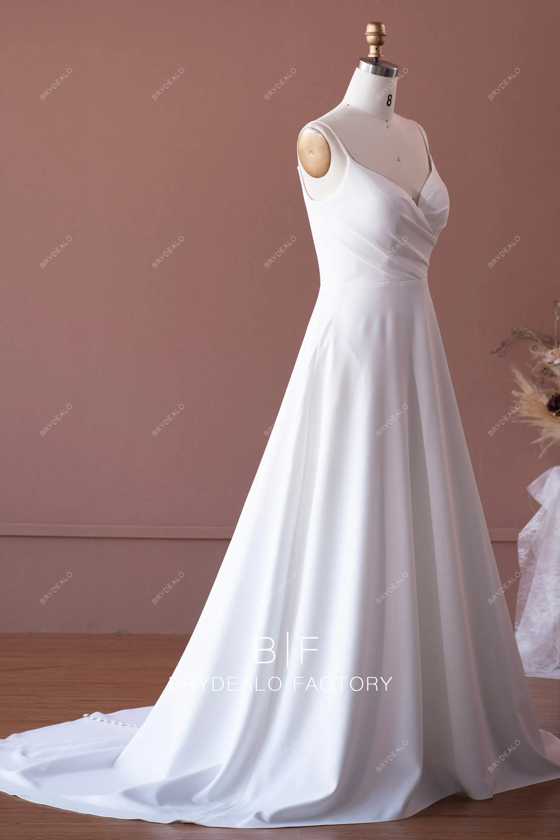 Pleated Crepe Simple Thin Straps A-line Long Train Wedding Dress