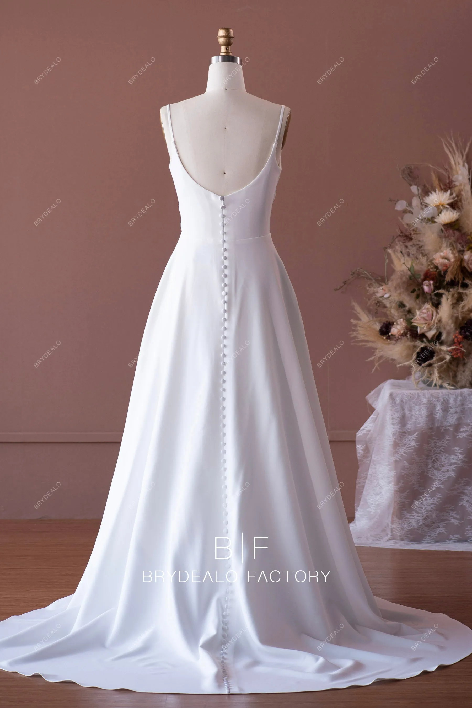 Pleated Crepe Simple Thin Straps A-line Long Train Wedding Dress