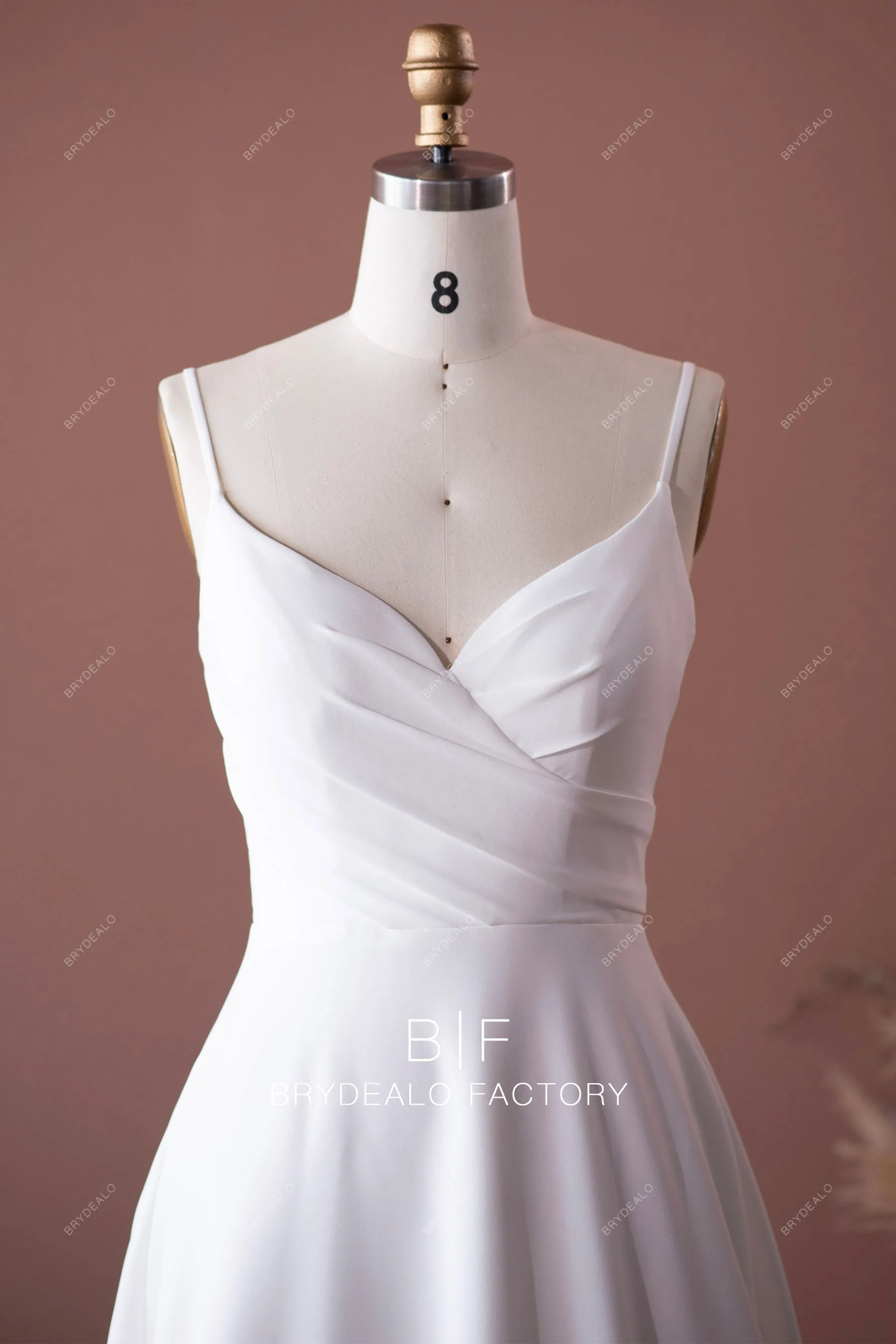 Pleated Crepe Simple Thin Straps A-line Long Train Wedding Dress