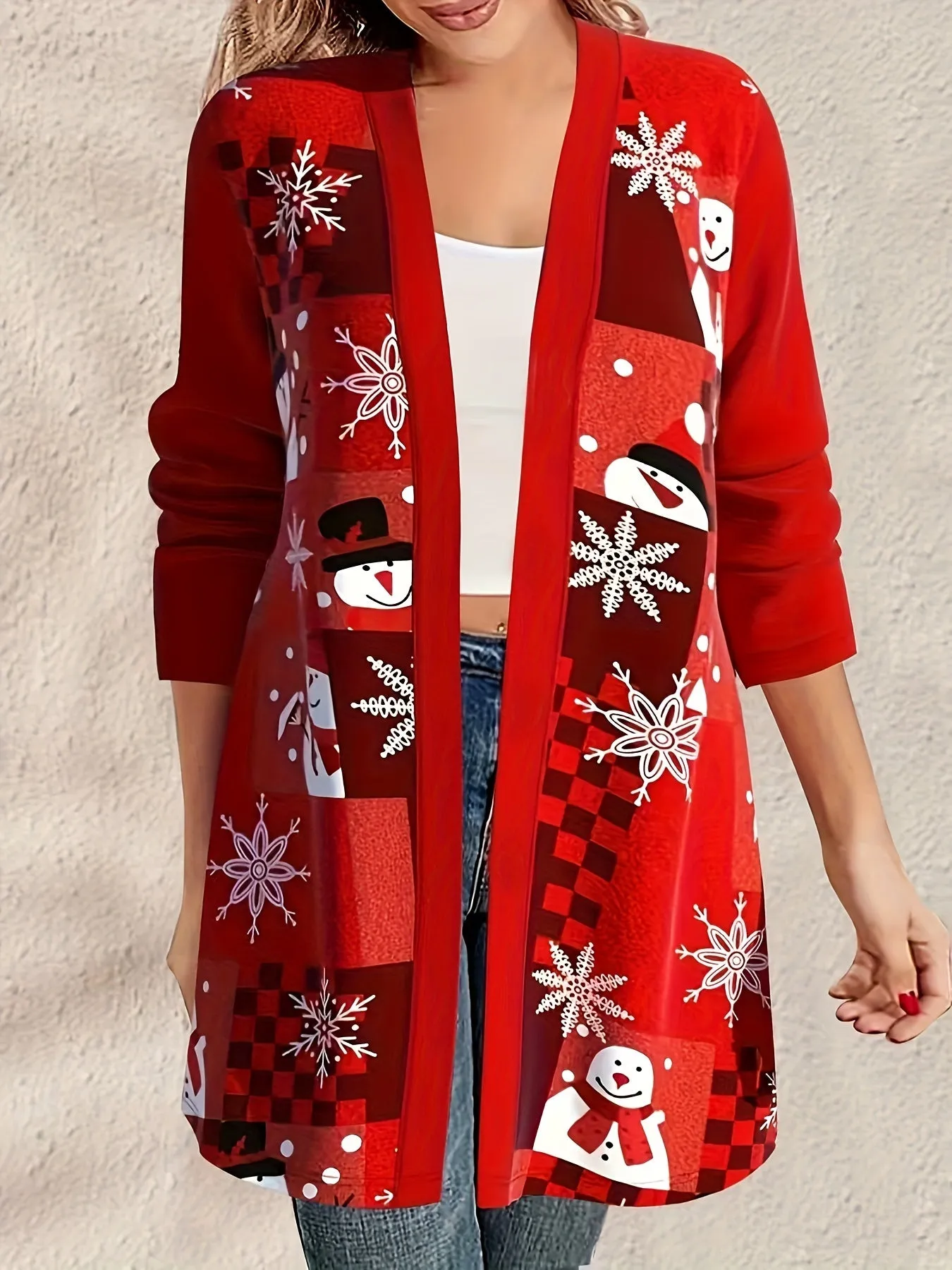 Plus Size Christmas Knit Open-Front Cardigan - Soft Polyester and Spandex Blend, Machine Washable, Elegant Style with Random Print for a Festive Look