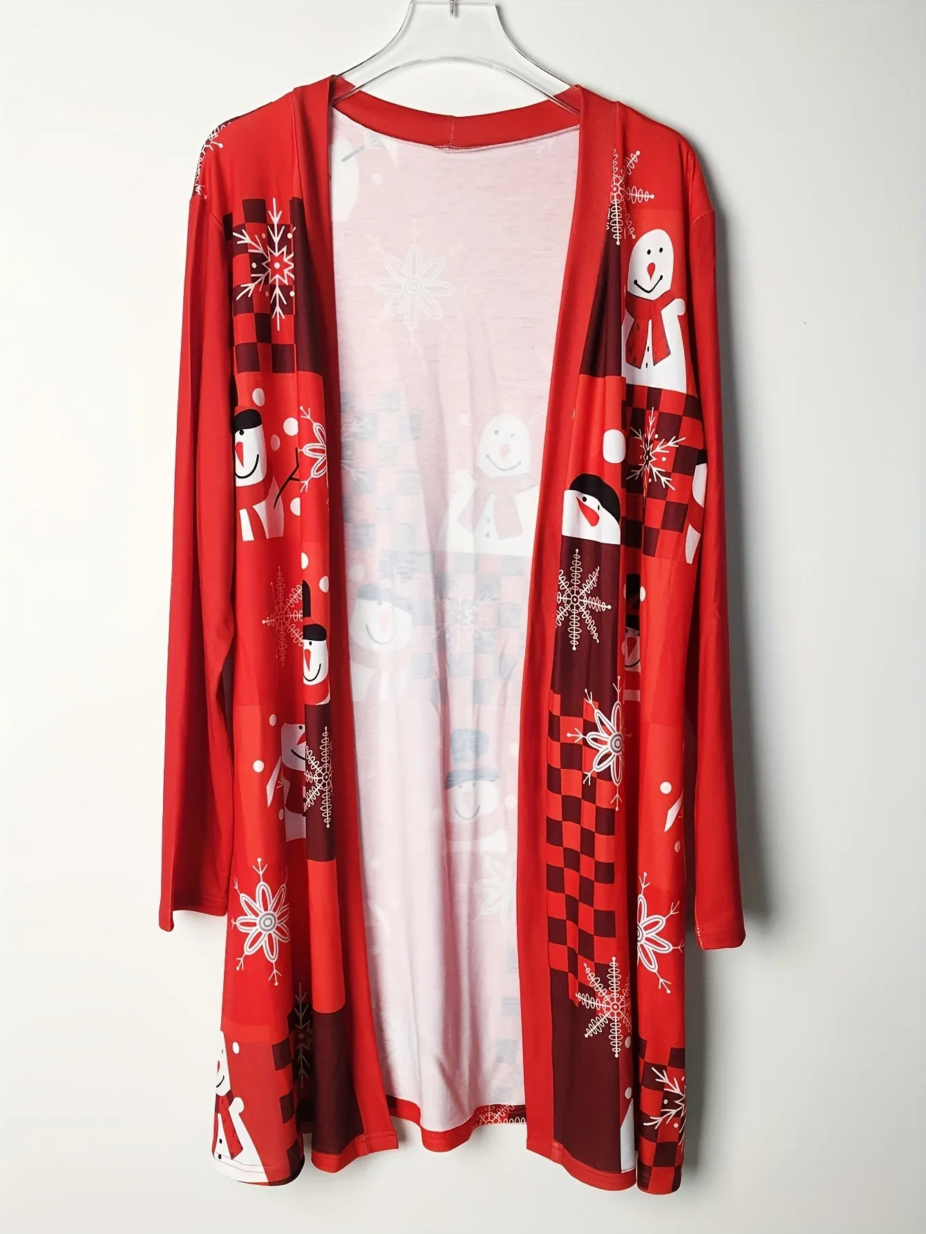 Plus Size Christmas Knit Open-Front Cardigan - Soft Polyester and Spandex Blend, Machine Washable, Elegant Style with Random Print for a Festive Look