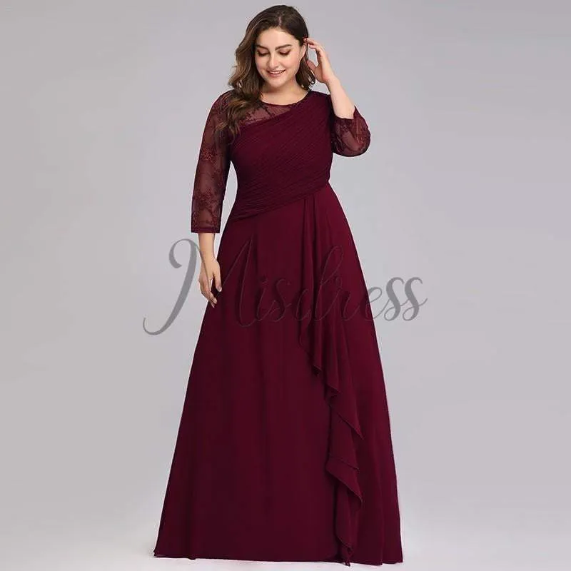 Plus Size Lace Chiffon Long Sleeves Ruffles Floor Length Evening Prom Dress