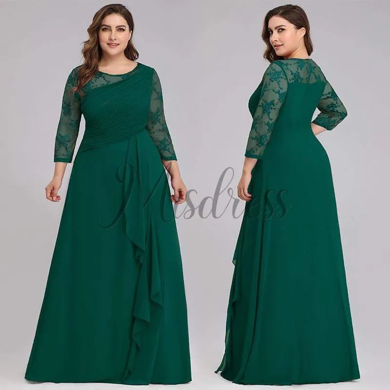 Plus Size Lace Chiffon Long Sleeves Ruffles Floor Length Evening Prom Dress