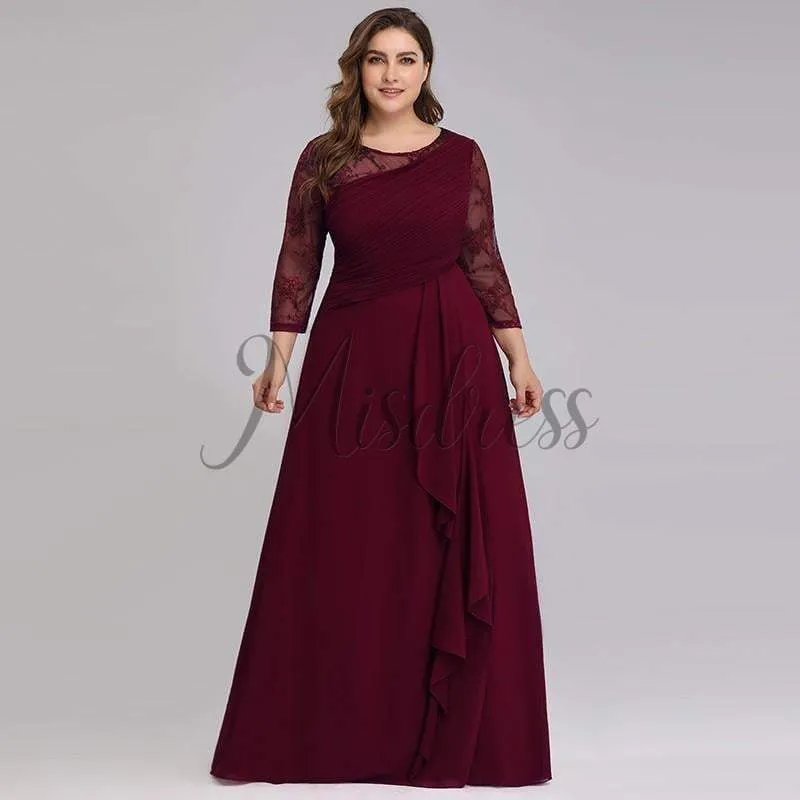 Plus Size Lace Chiffon Long Sleeves Ruffles Floor Length Evening Prom Dress