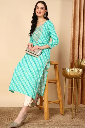 Plus Size Sea Green Viscose Rayon Leheriya Printed Straight Kurta