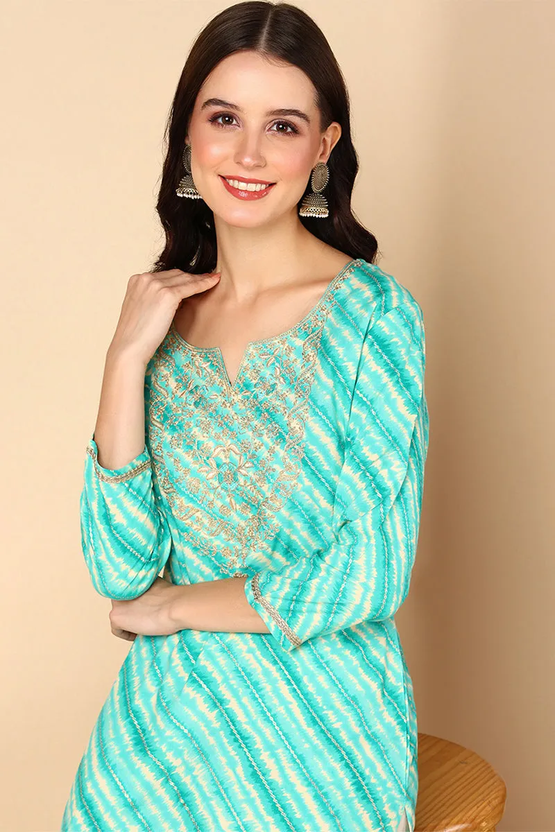 Plus Size Sea Green Viscose Rayon Leheriya Printed Straight Kurta