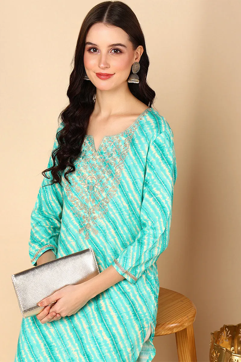 Plus Size Sea Green Viscose Rayon Leheriya Printed Straight Kurta