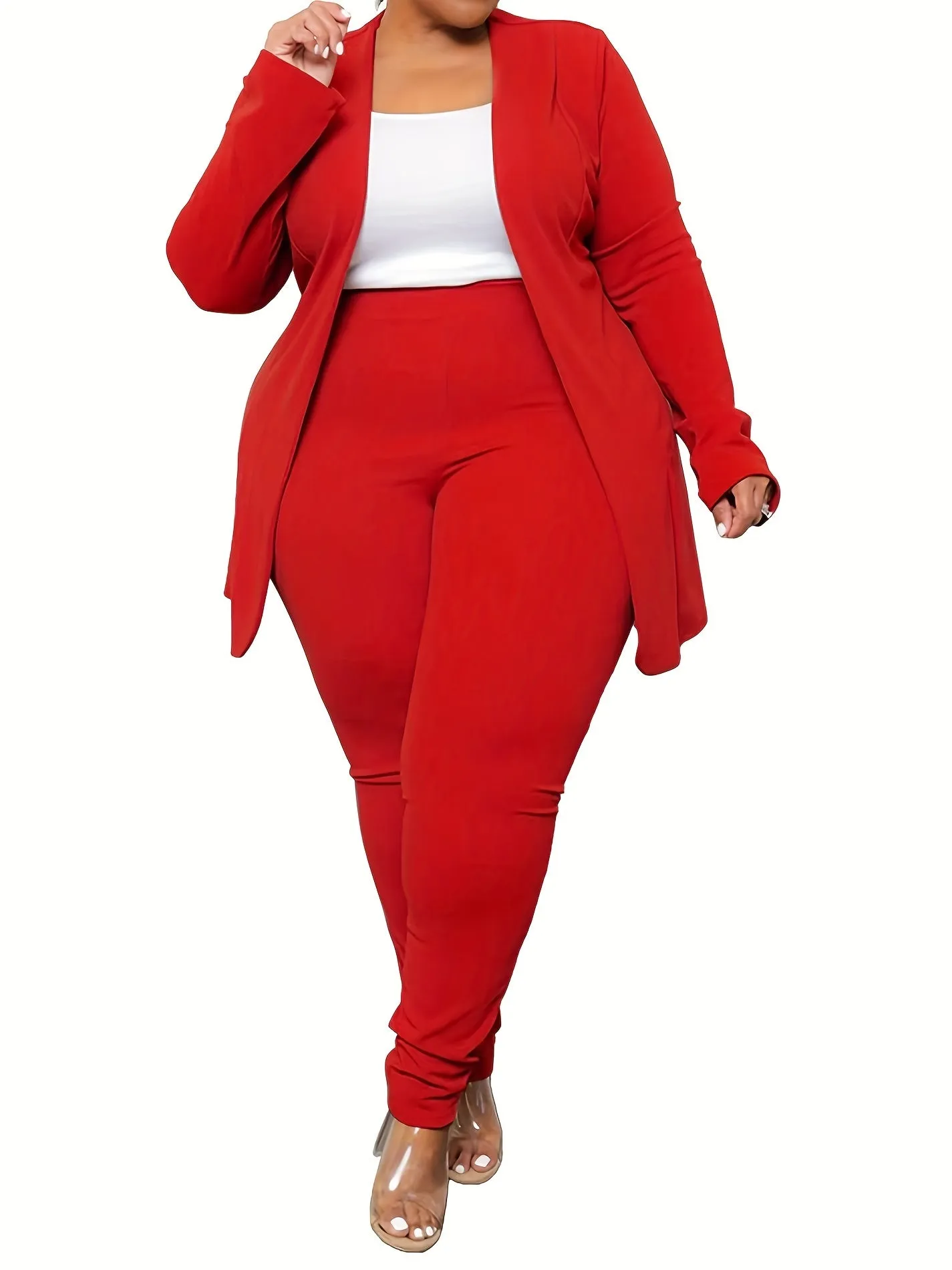 Plus Size Solid Long Sleeve Open Front Top & Leggings Two-Piece Set - Casual Outfits for Women