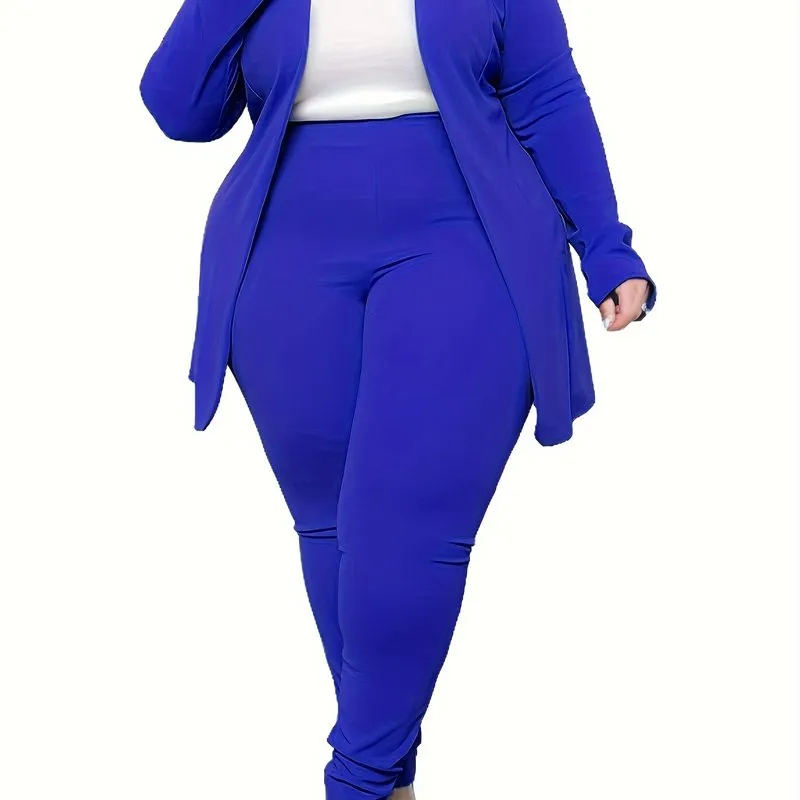 Plus Size Solid Long Sleeve Open Front Top & Leggings Two-Piece Set - Casual Outfits for Women