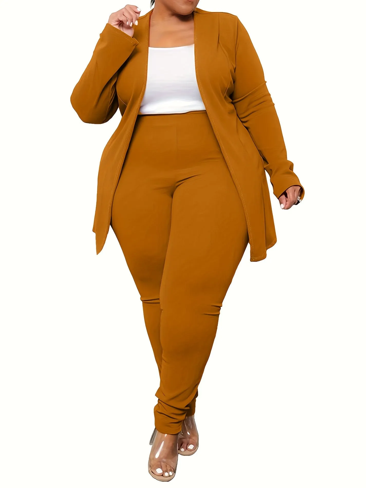 Plus Size Solid Long Sleeve Open Front Top & Leggings Two-Piece Set - Casual Outfits for Women