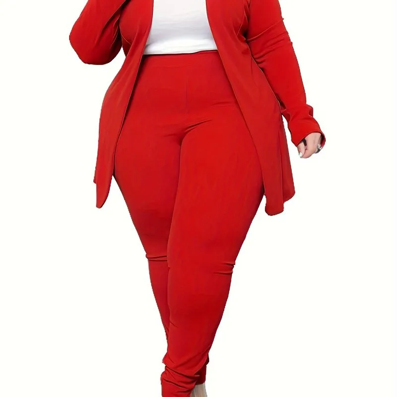 Plus Size Solid Long Sleeve Open Front Top & Leggings Two-Piece Set - Casual Outfits for Women