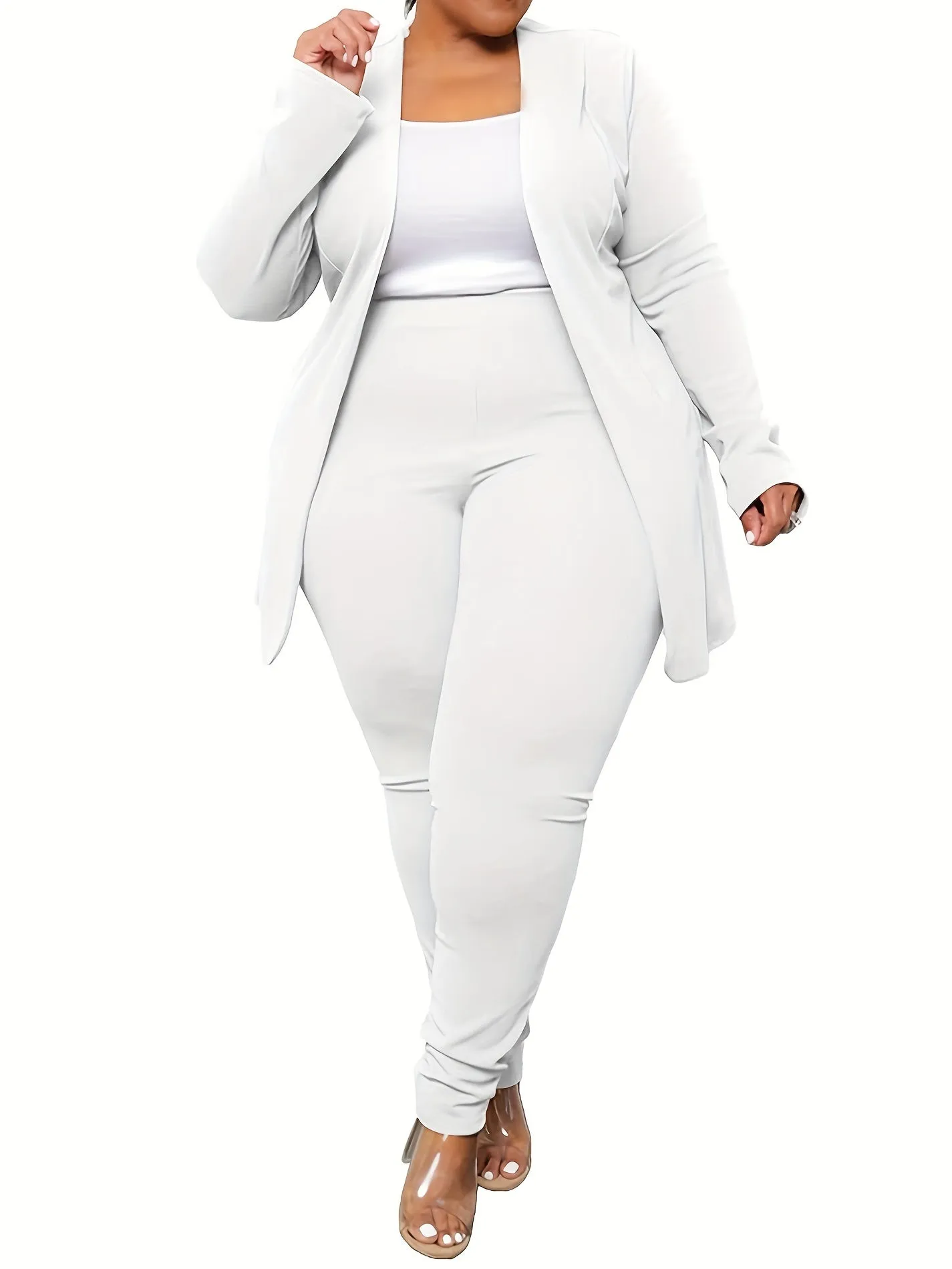 Plus Size Solid Long Sleeve Open Front Top & Leggings Two-Piece Set - Casual Outfits for Women