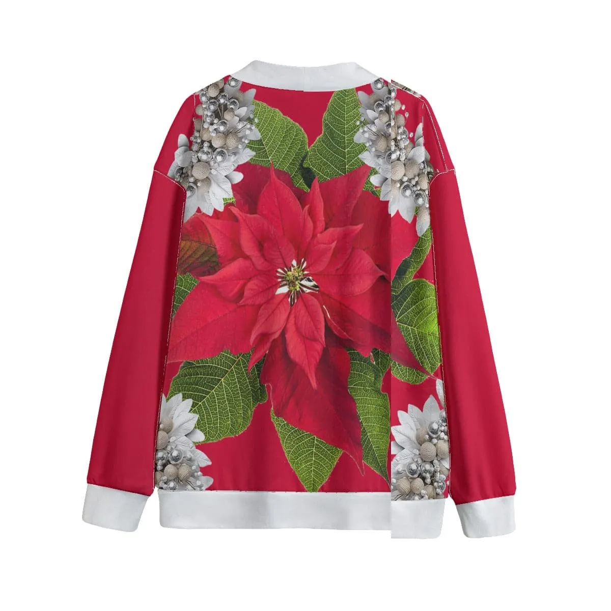 Poinsettias & Tinsel Unisex V-neck Hacci Fleece Christmas Cardigan