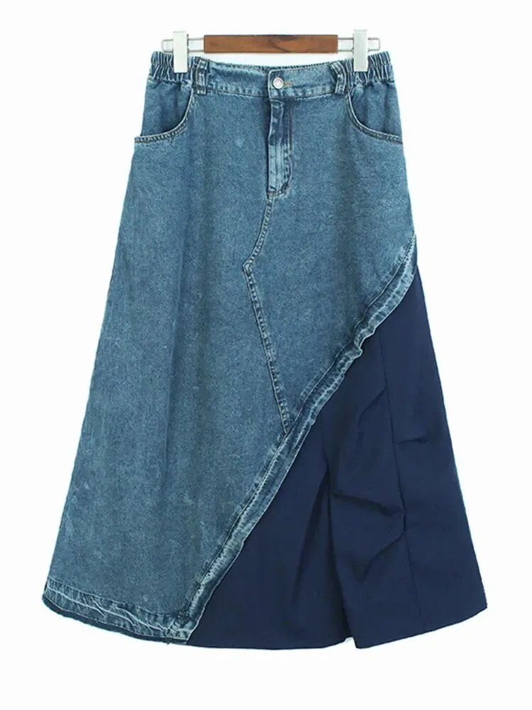 Pre Order:  Dual Fabric Spliced Denim Skirt