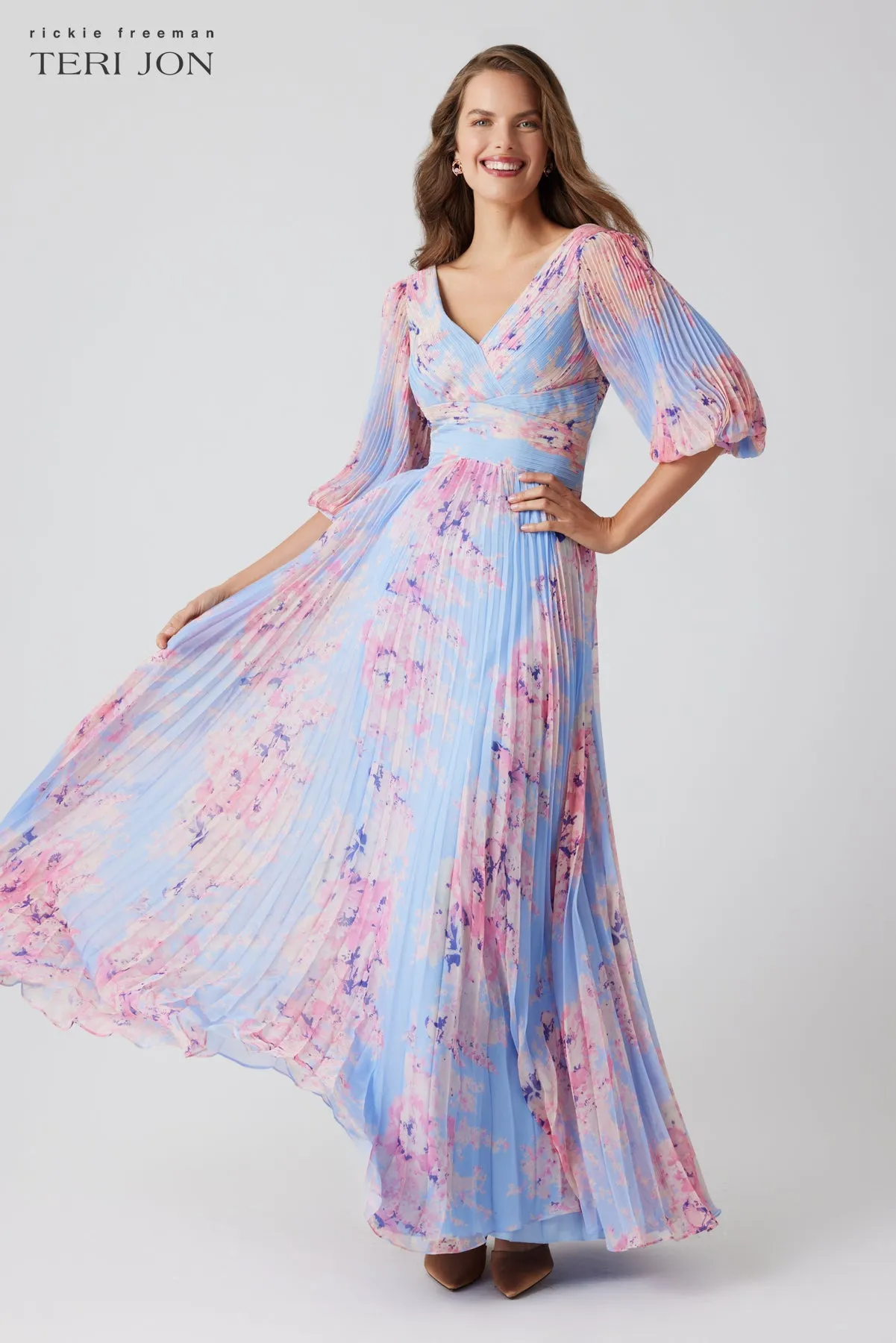 Printed Chiffon Pleated V Neck Gown