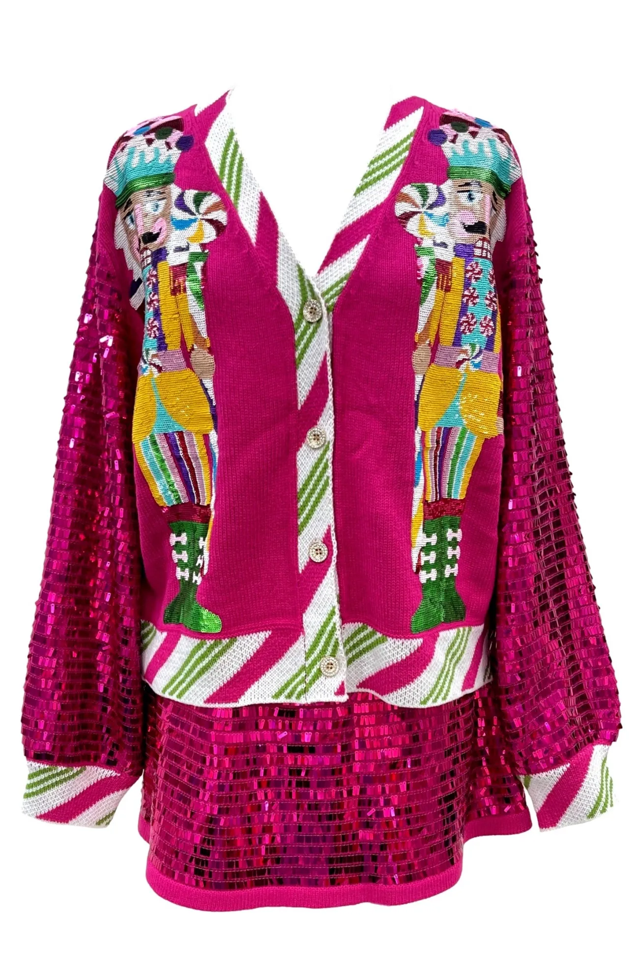 Queen Of Sparkles Hot Pink Peppermint Nutcracker Shard Sequin Sleeve Cardigan