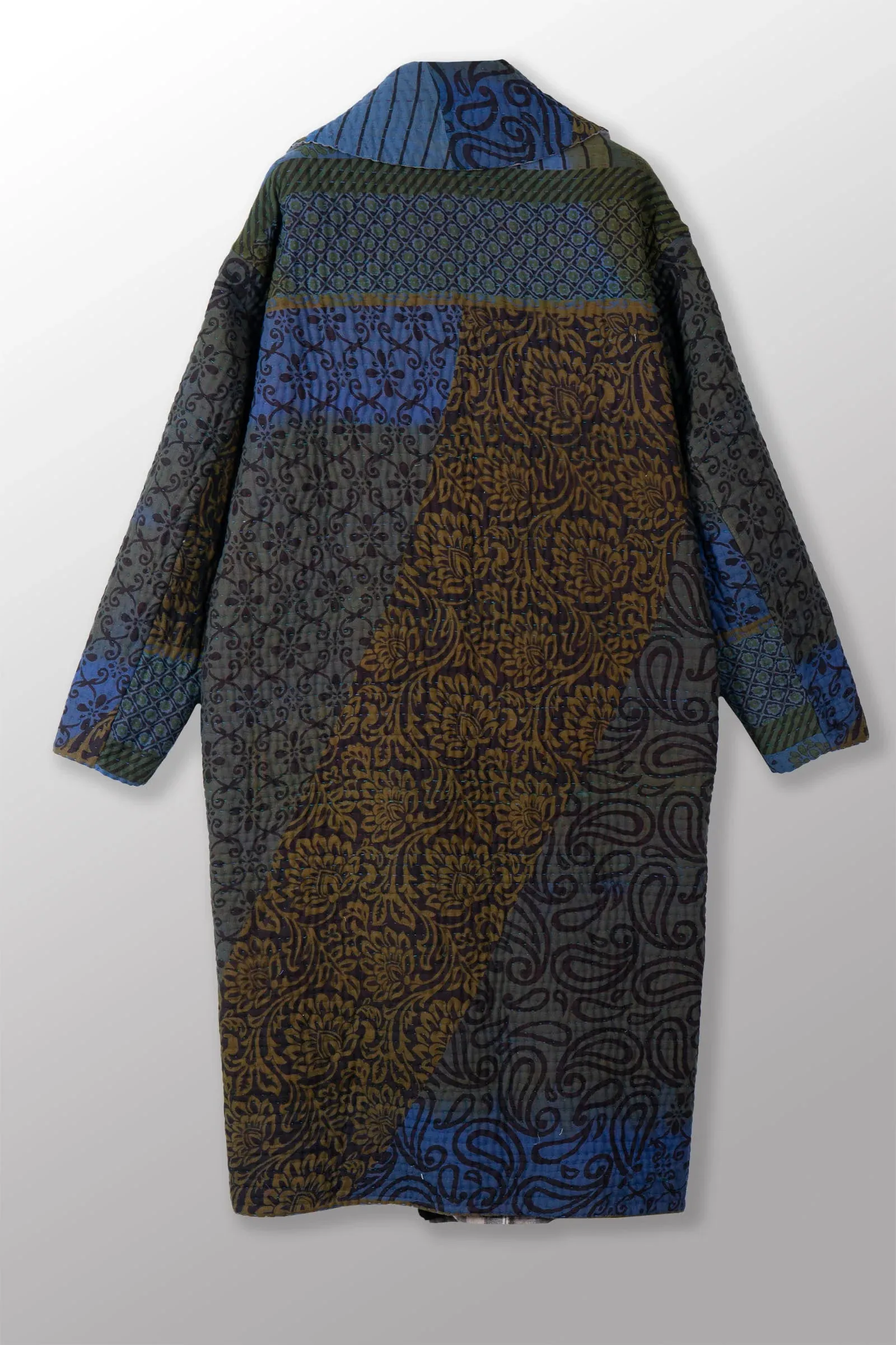 QUILTED OVER DYE COTTON KANTHA DOUBLE BREAST LONG COAT