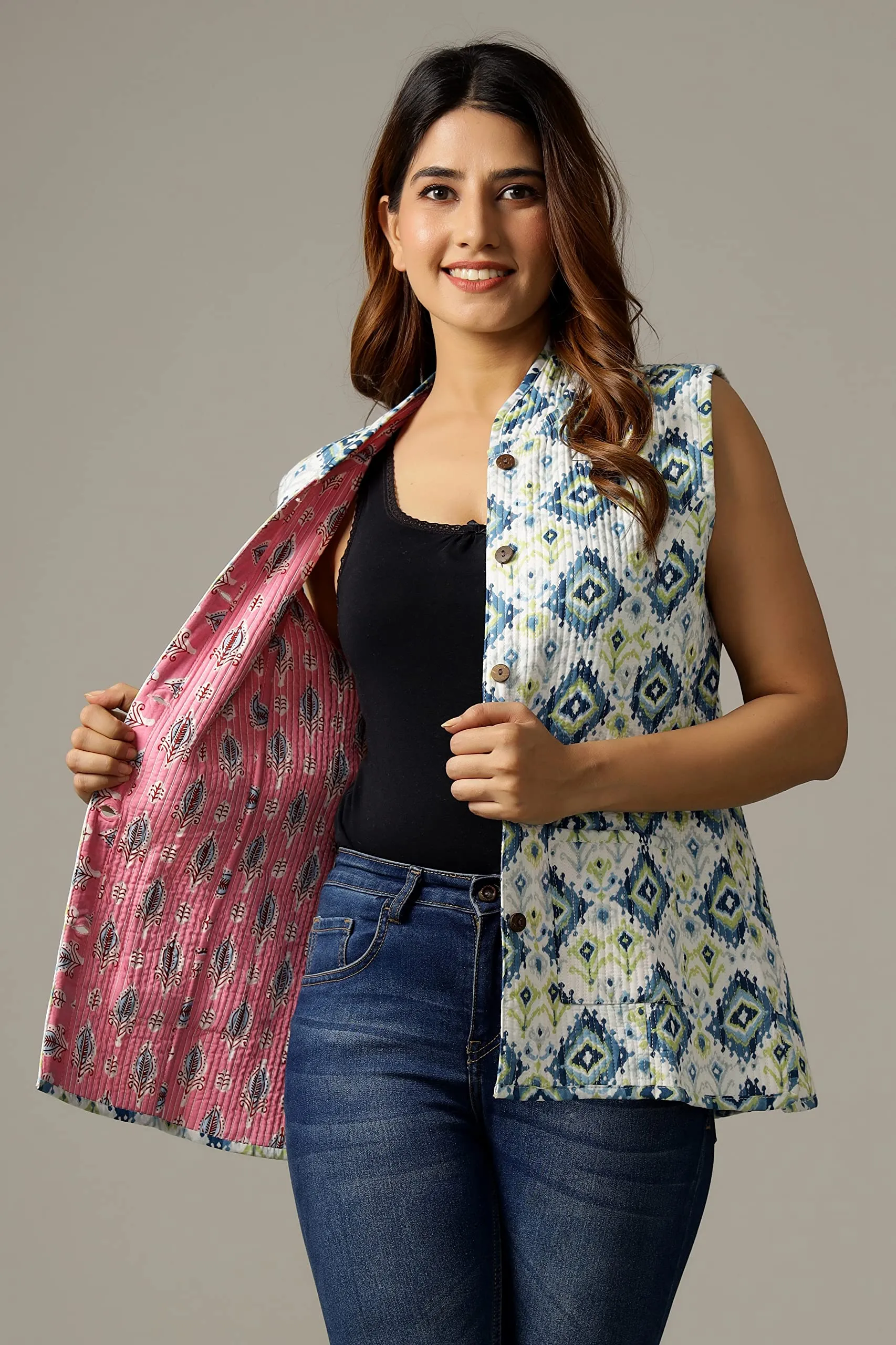 Ravaiyaa - Attitude is everything Women's Floral Printed Reversible Quilted Jacket Coat Blazer Jacket Sleeve less Waistcoat (White Blue Ikat, XX-Large)