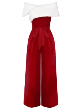 Red 1960s Off-Shoulder Faux Fur Velvet Jumpsuit