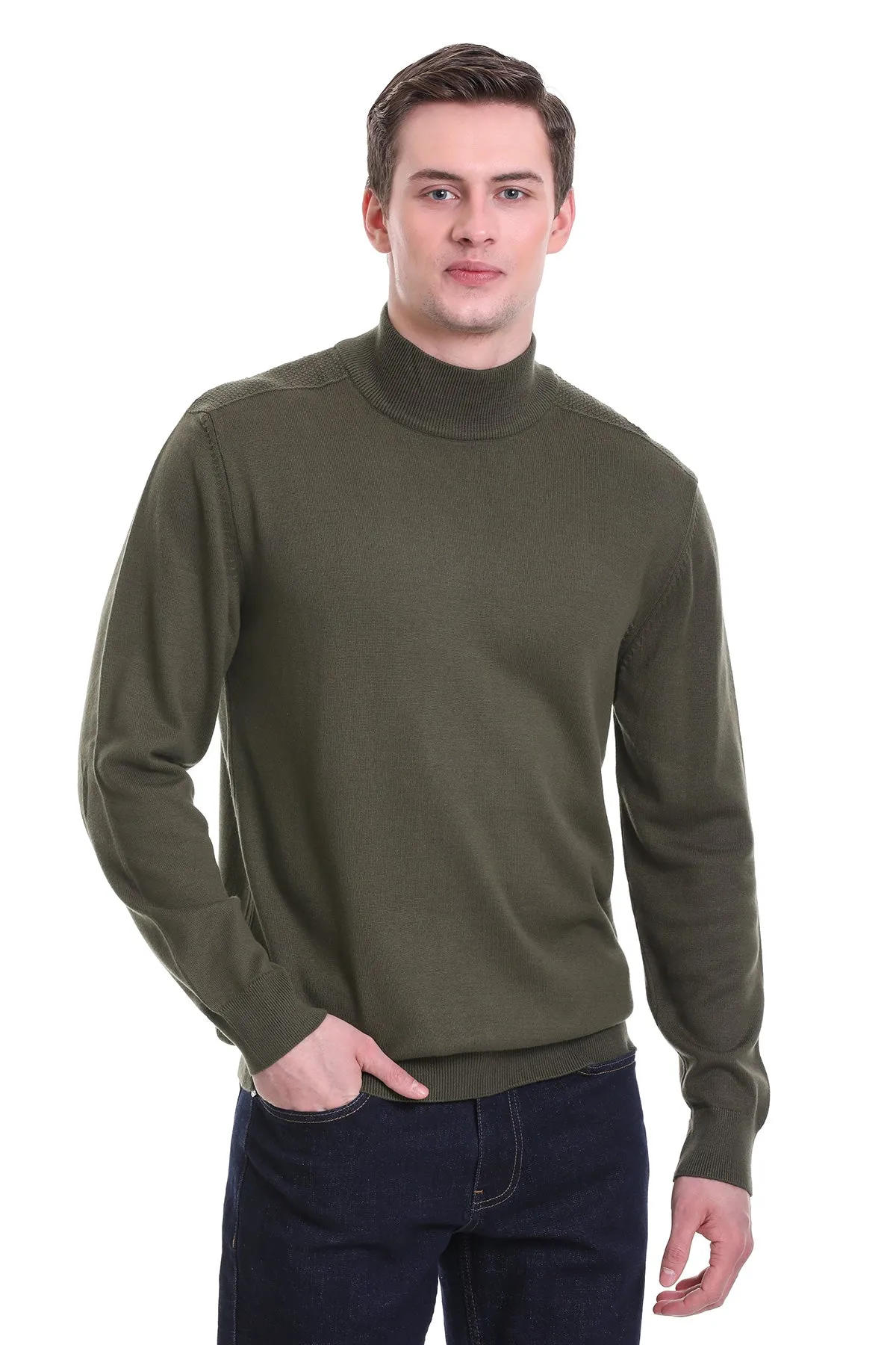 Regular Fit Khaki Cotton Blend Mock Neck Sweater