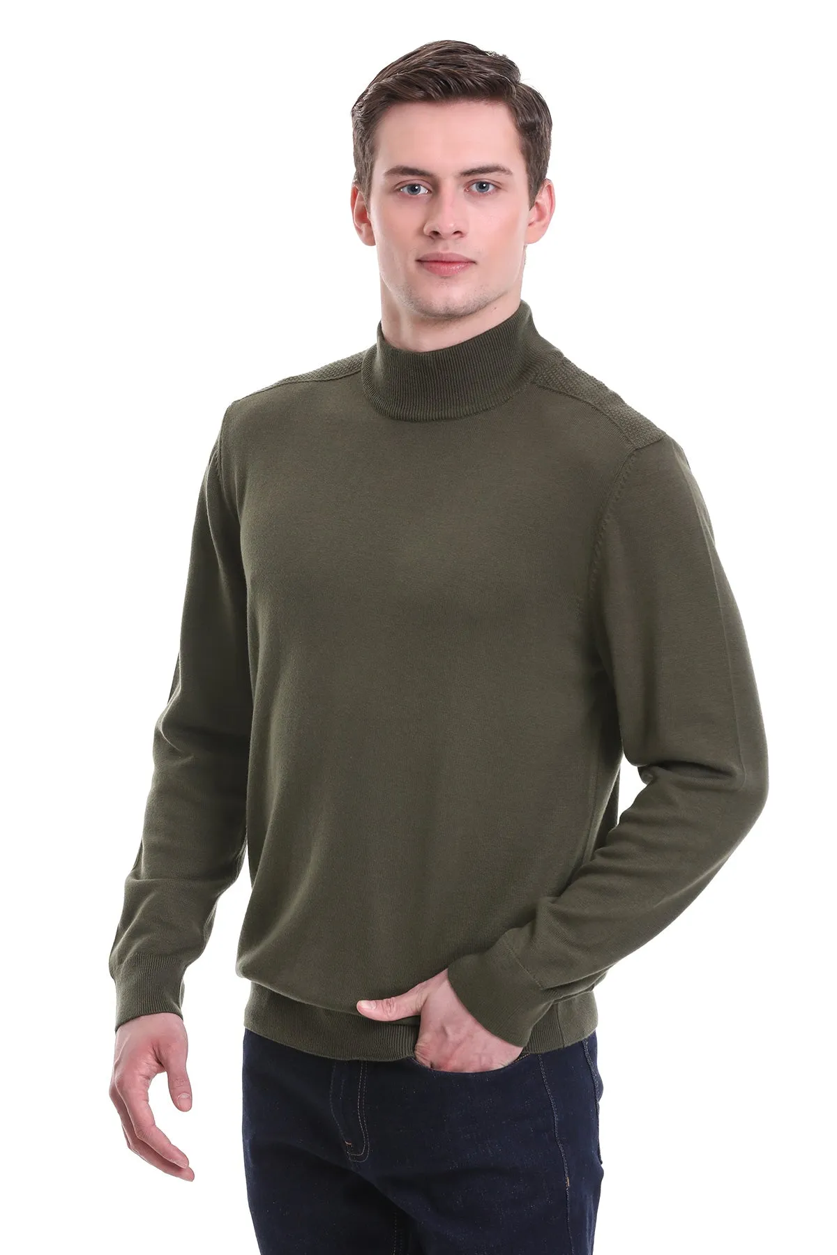 Regular Fit Khaki Cotton Blend Mock Neck Sweater