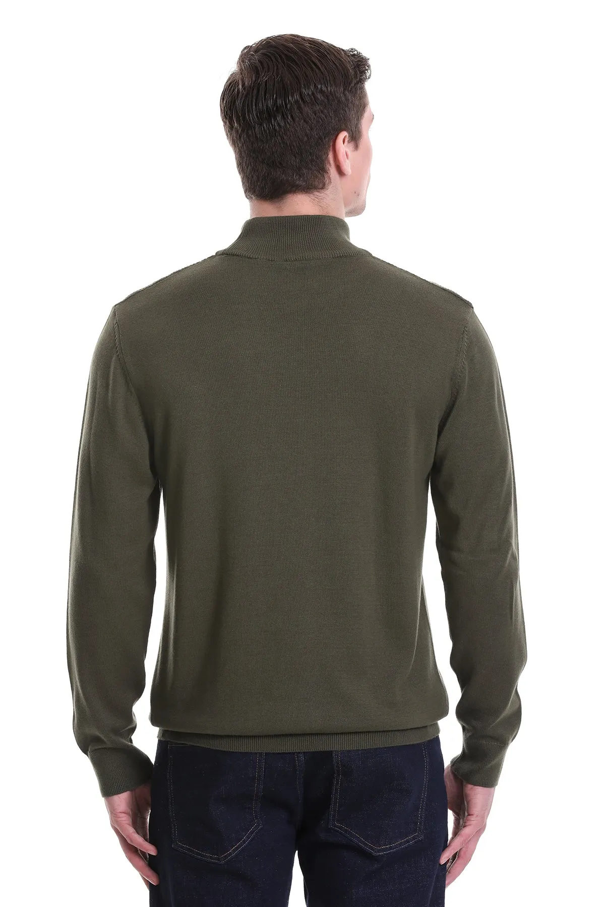 Regular Fit Khaki Cotton Blend Mock Neck Sweater