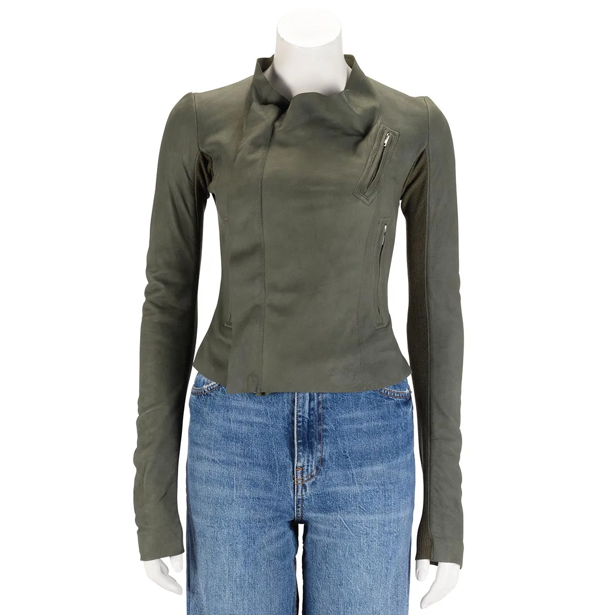 Rick Owens Khaki Leather Cropped Jacket XS