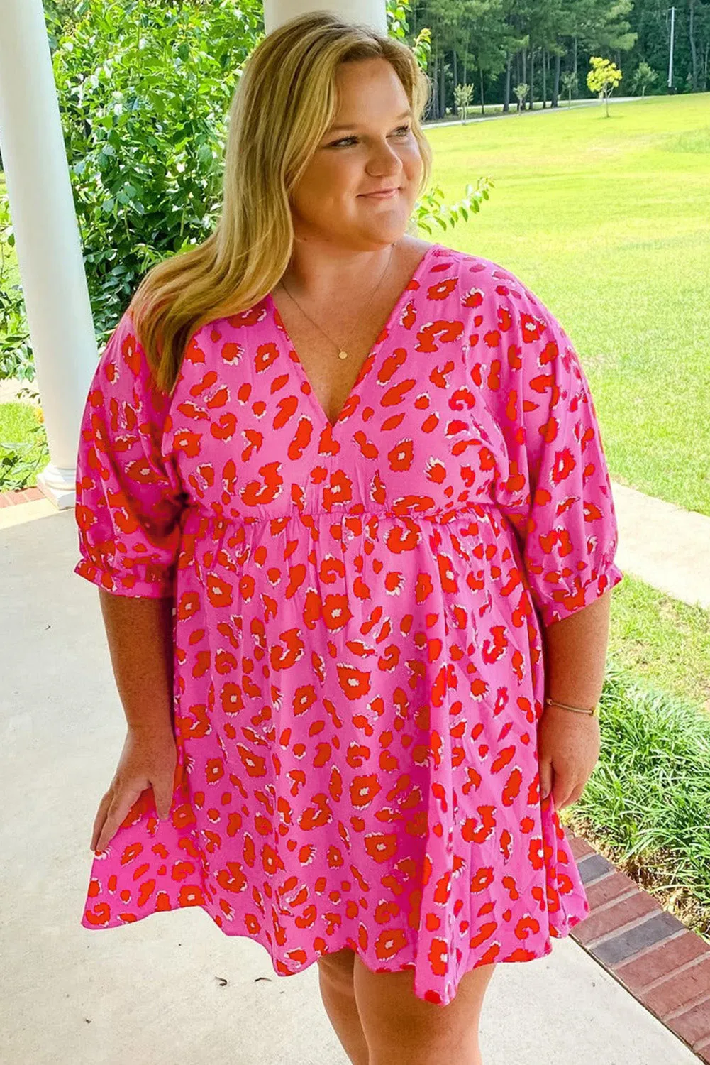 Rose Plus Size 3/4 Sleeves V Neck Leopard Dress