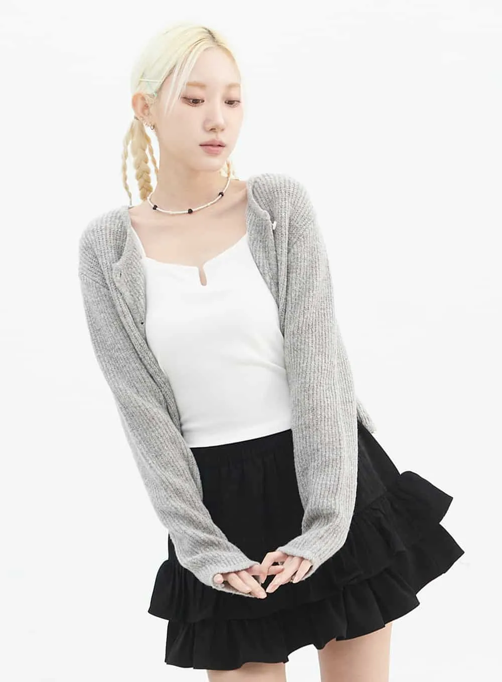 Round Neck Ribbed Knit Cardigan IN328