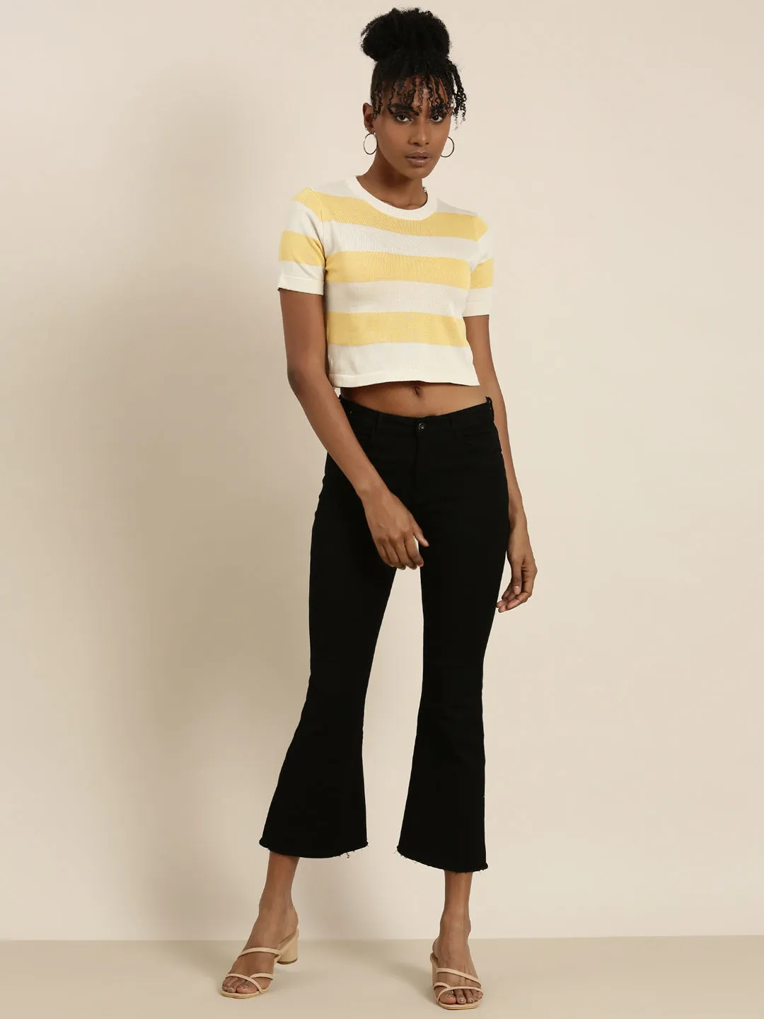 Round Neck Striped Cream Crop Top