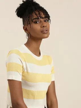 Round Neck Striped Cream Crop Top