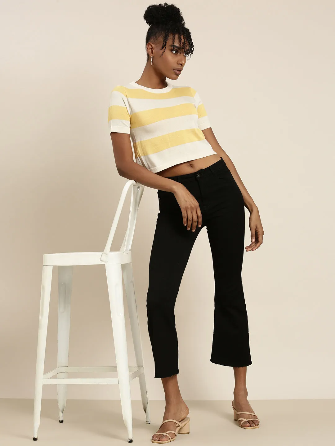 Round Neck Striped Cream Crop Top