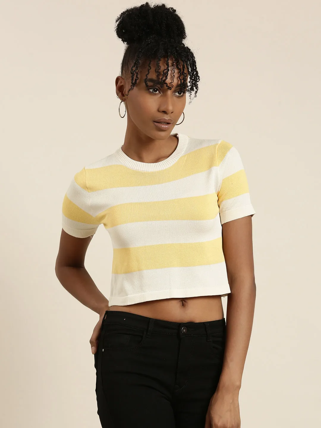 Round Neck Striped Cream Crop Top