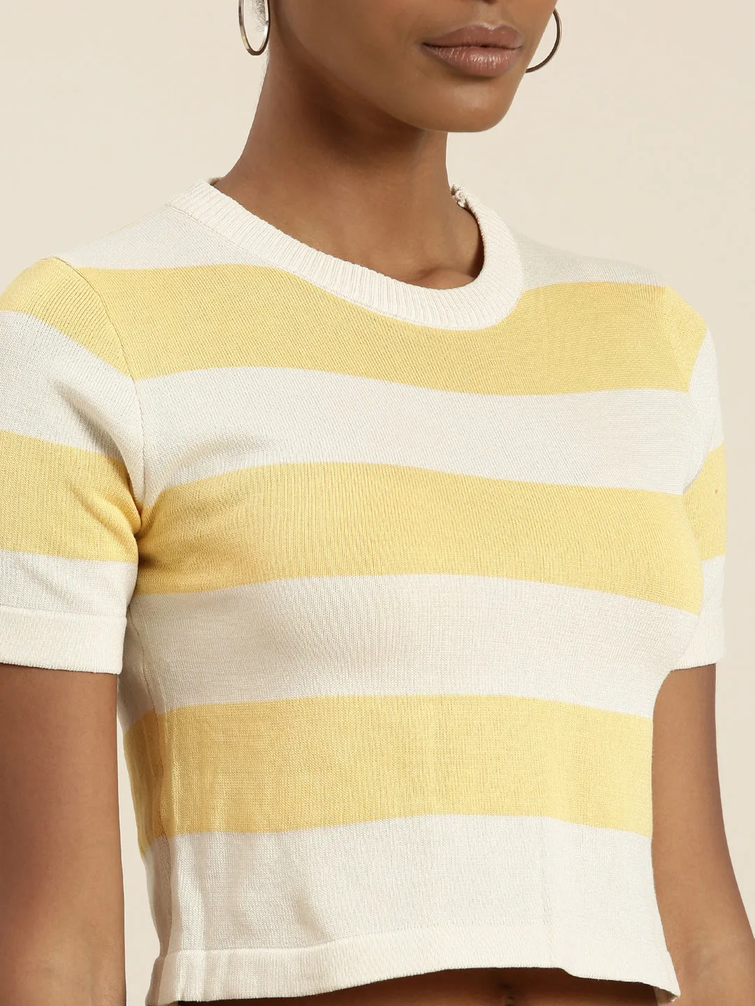 Round Neck Striped Cream Crop Top