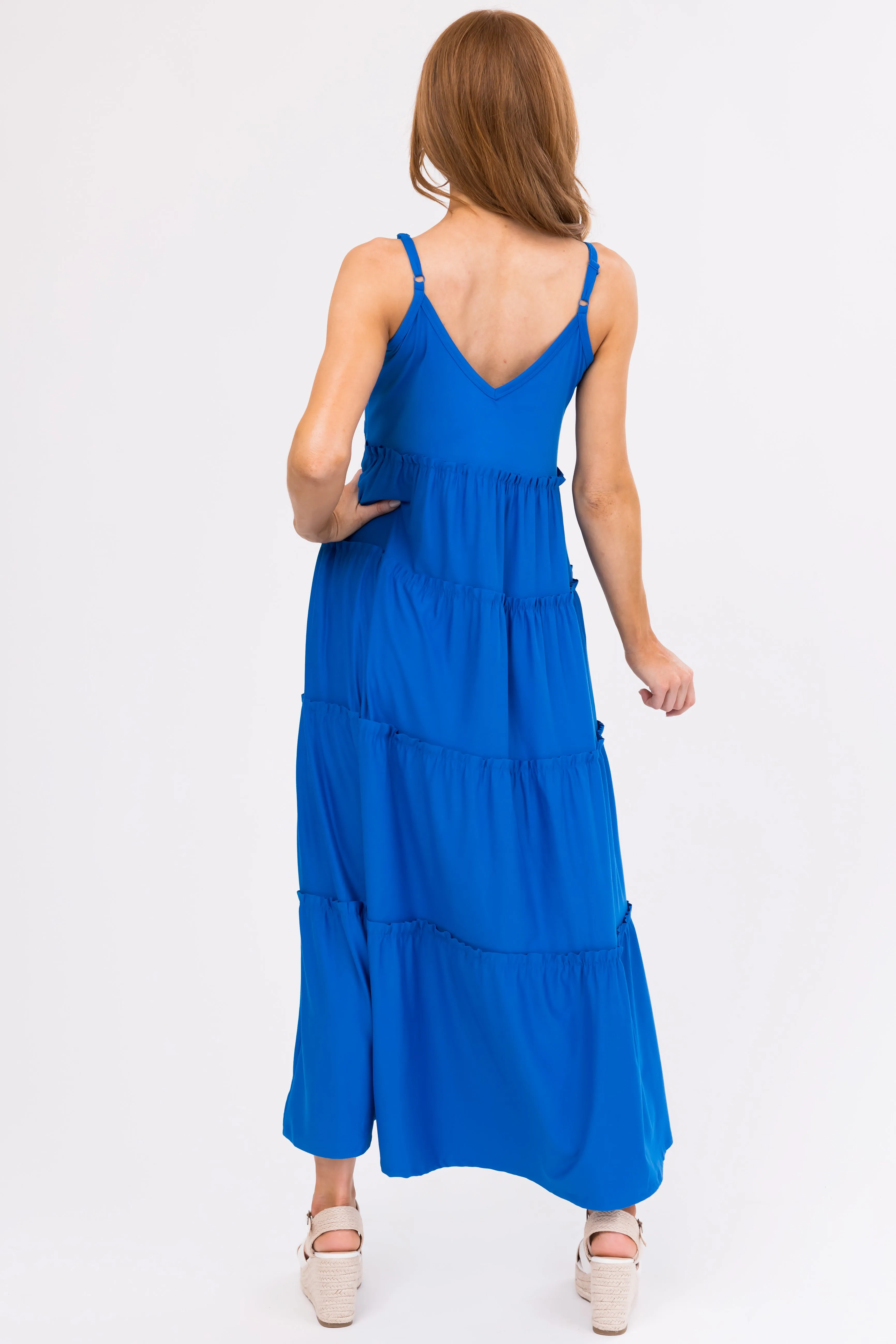 Royal Blue V Neck Babydoll Tiered Maxi Dress