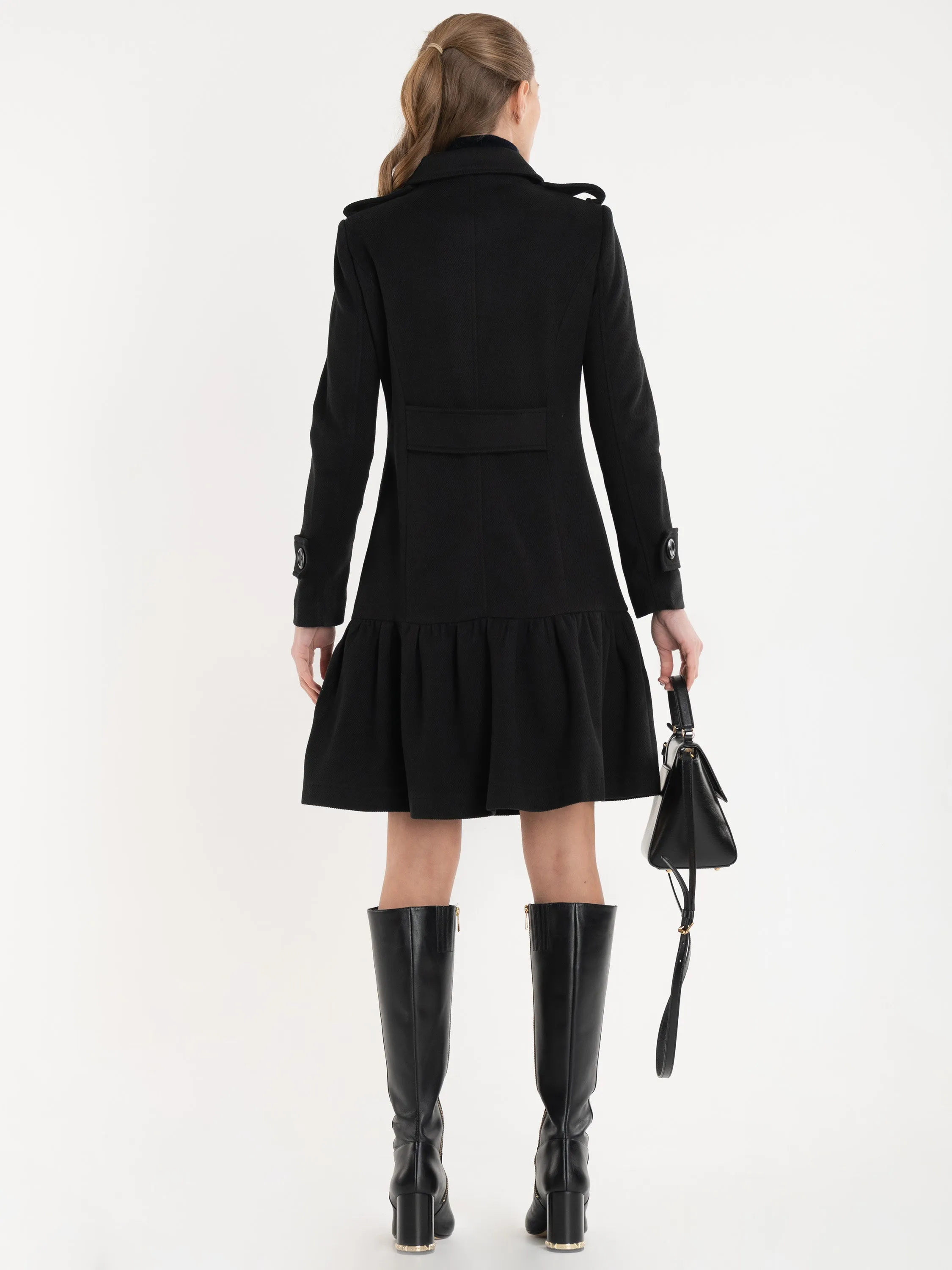 Ruffle Hem Trench Coat, Black