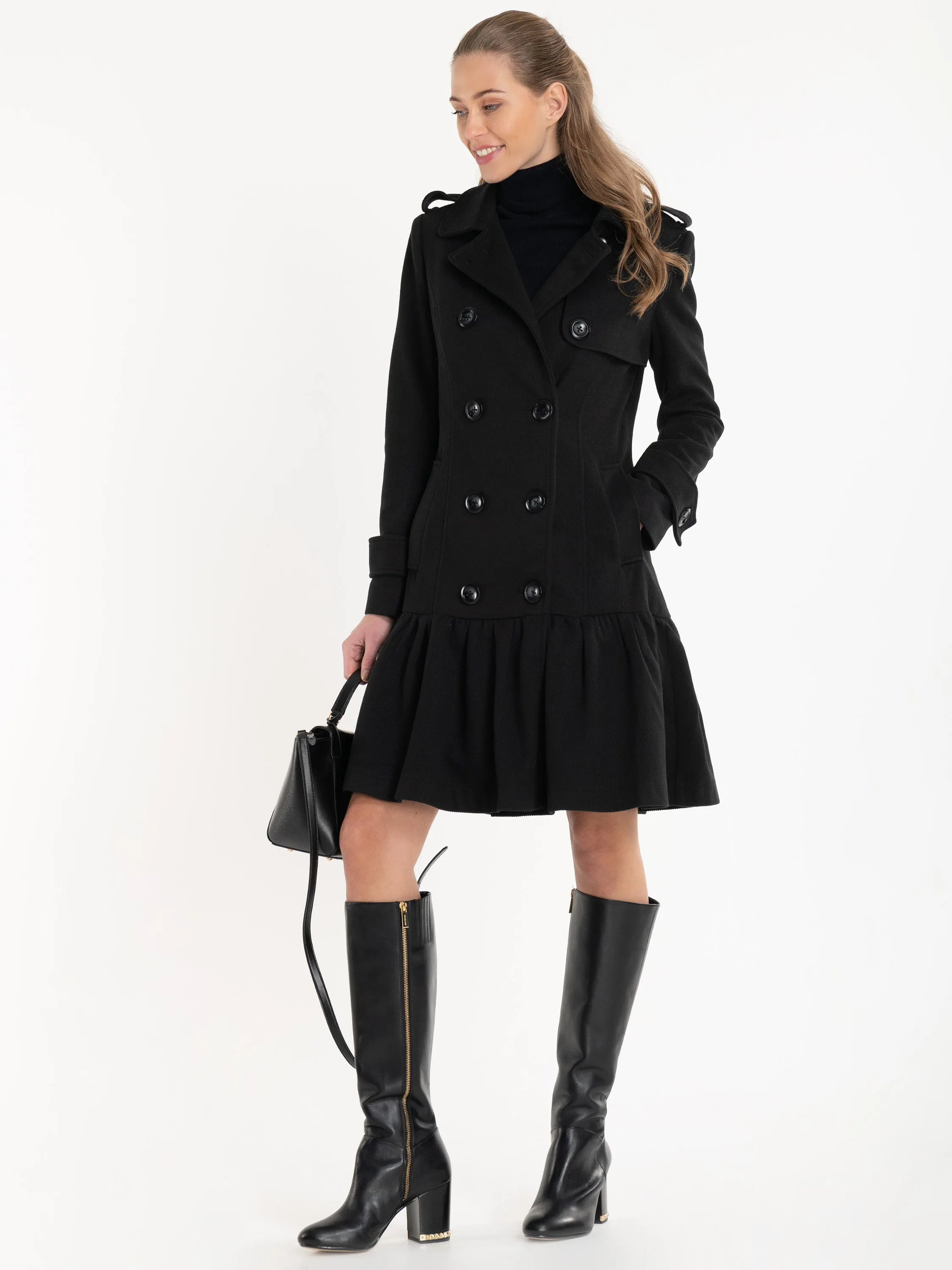 Ruffle Hem Trench Coat, Black