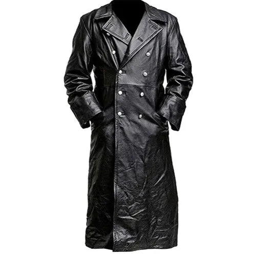 RW Authentic Sheepskin German Officer Black Genuine Real Leather Long Trench Coat