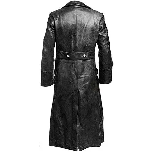 RW Authentic Sheepskin German Officer Black Genuine Real Leather Long Trench Coat