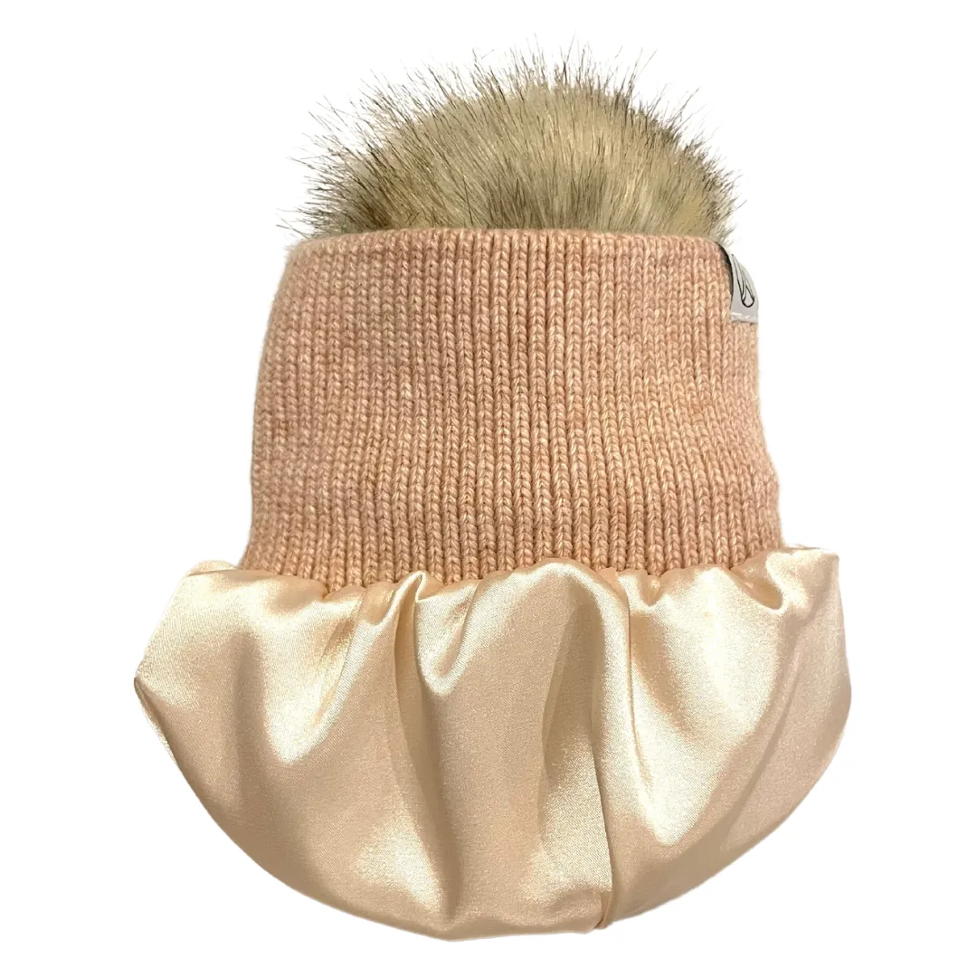 Satin Lined Pom Knit Beanie-Marble Pink