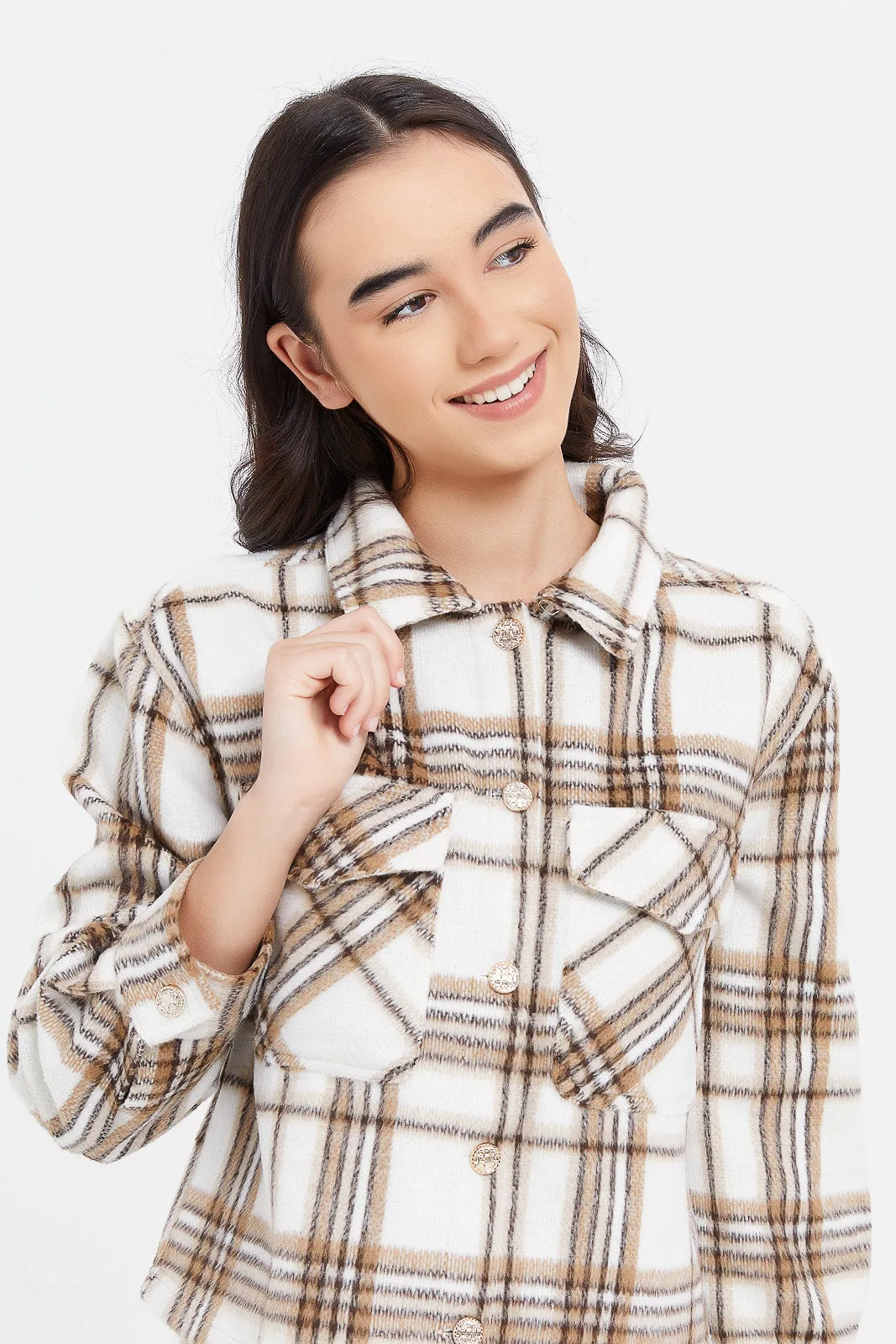 Senior Girls Beige And Brown Checkered Jacket