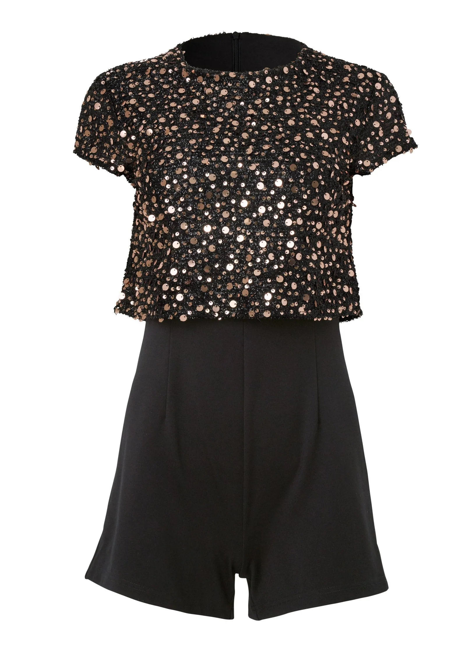 Sequin Short Sleeve Romper - Black & Gold