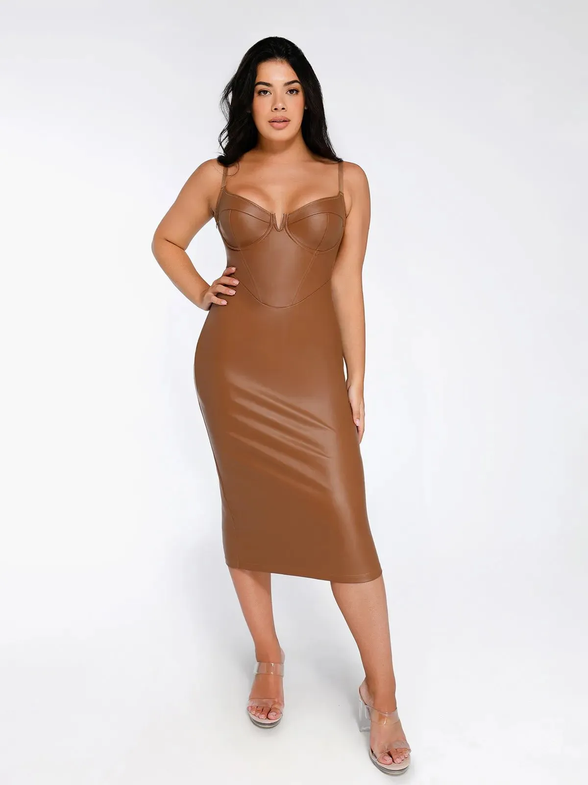 Shapewear Faux Leather Corset Midi Dress Bolero Jacket Set