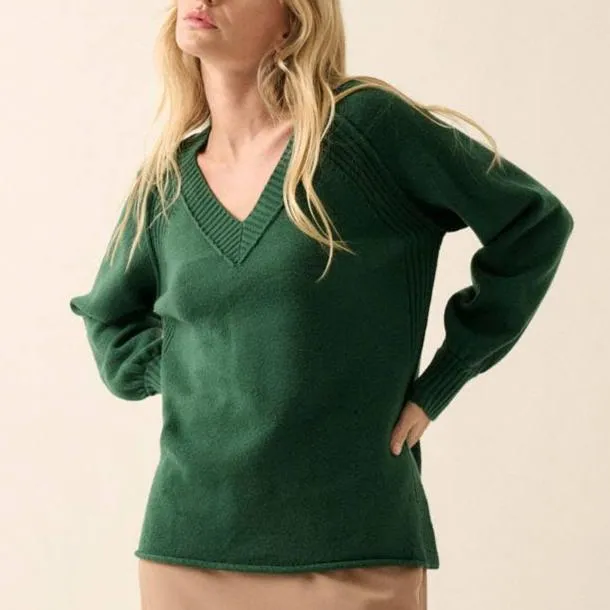 Shayla Rib Knit V Neck Pipe Trim Sweater Top