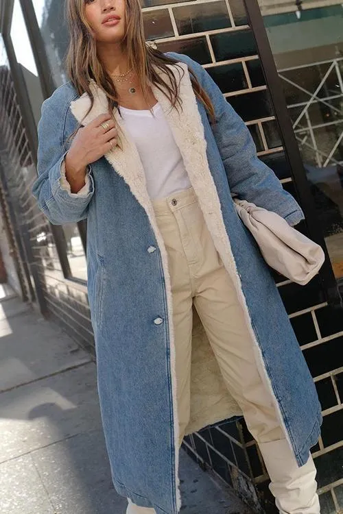 Sherpa Fleece Denim Trench Coat